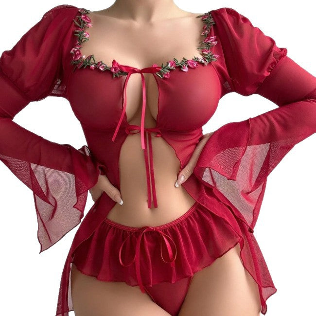 Image of Cross-border new European and beautiful erotic underwear sexy mesh see-through floral slip dress nightdress home pajamas temptation
